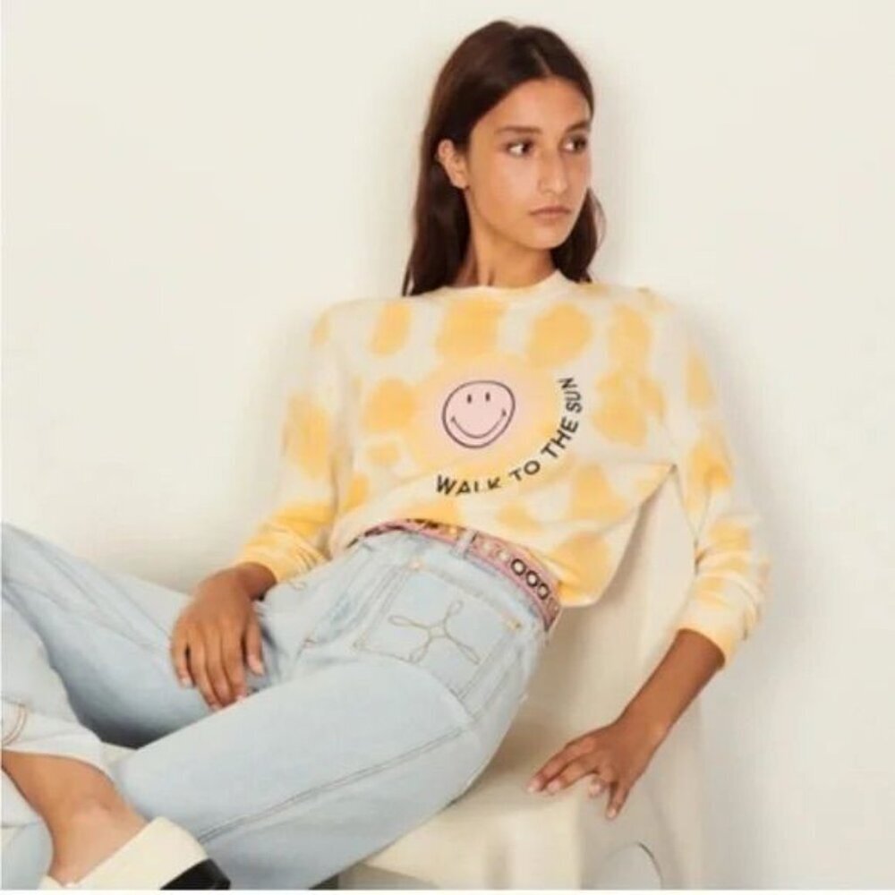 Sandro x Smiley Walk To The Sun Sweater Size 4 Yellow White Cashmere